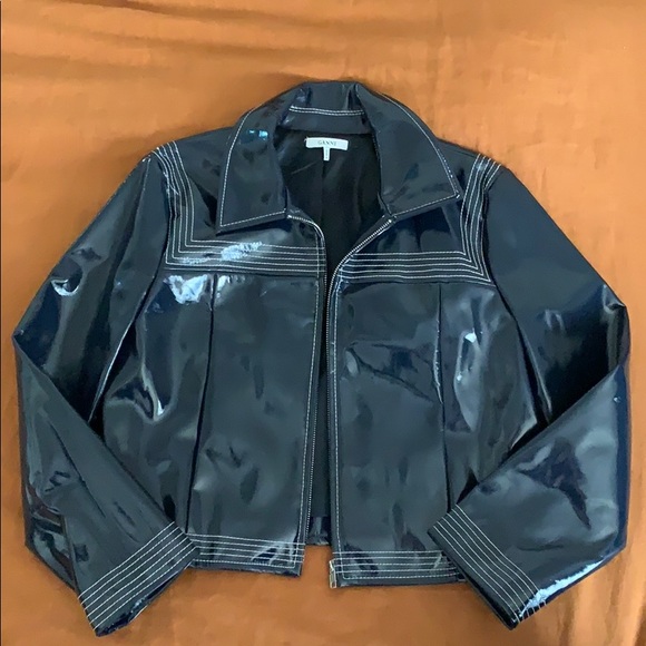 Ganni Jackets & Blazers - Ganni Navy Patent Cropped Jacket